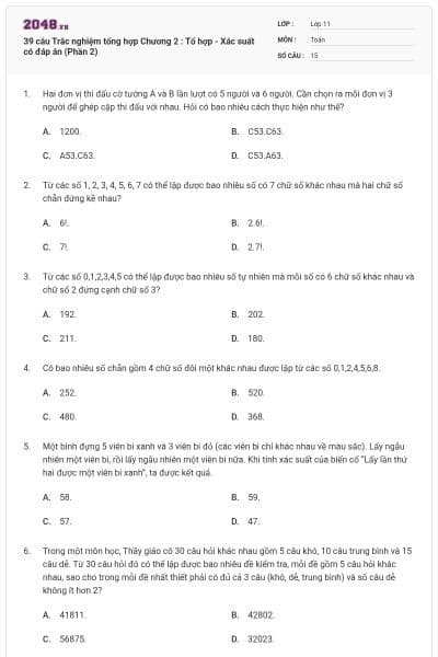 39 câu Trắc nghiệm tổng hợp Chương 2 : Tổ hợp - Xác suất có đáp án (Phần 2)