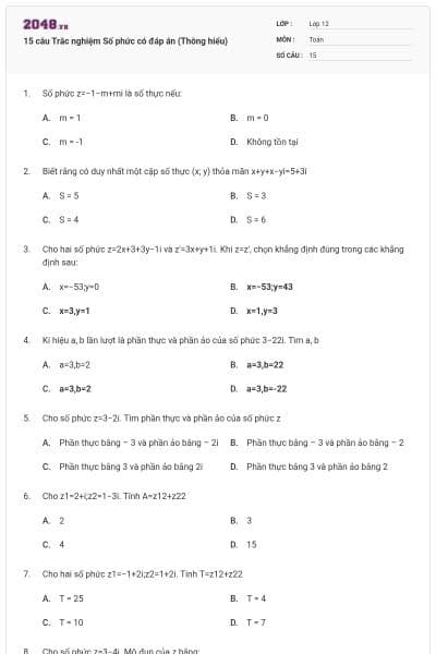 15 câu Trắc nghiệm Số phức có đáp án (Thông hiểu)