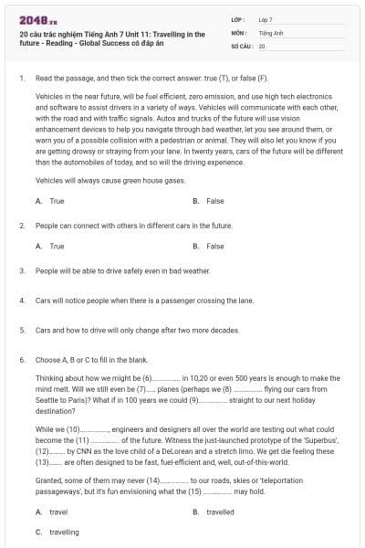20 câu trắc nghiệm Tiếng Anh 7 Unit 11: Travelling in the future - Reading - Global Success có đáp án