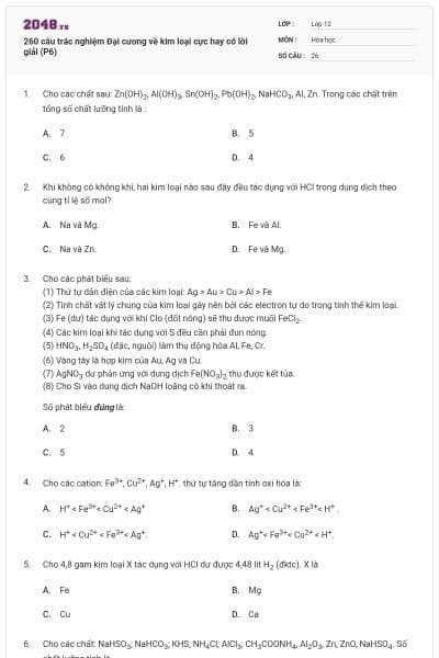 260 câu trắc nghiệm Đại cương về kim loại cực hay có lời giải (P6)