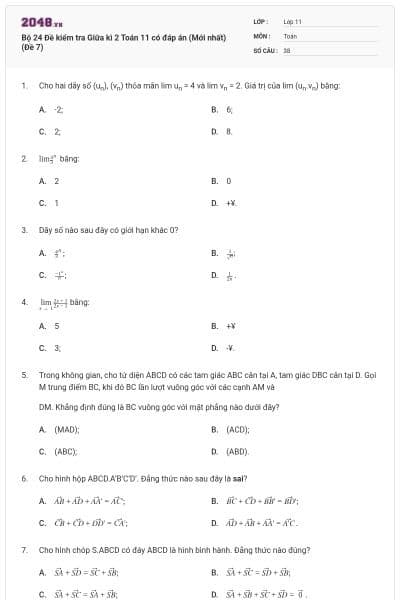 Bộ 24 Đề kiểm tra Giữa kì 2 Toán 11 có đáp án (Mới nhất) (Đề 7)