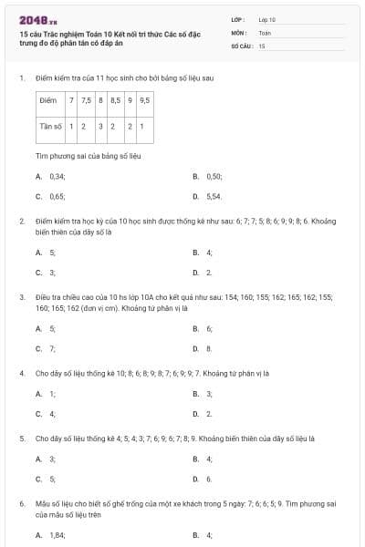 15 câu  Trắc nghiệm Toán 10 Kết nối tri thức Các số đặc trưng đo độ phân tán có đáp án
