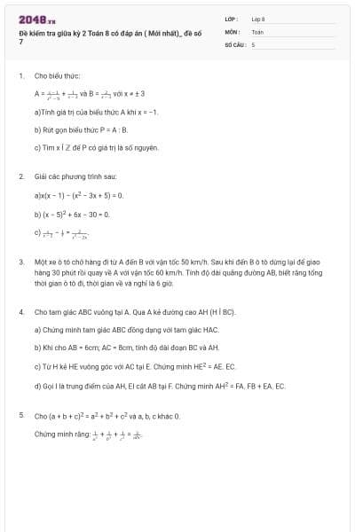 Đề kiểm tra giữa kỳ 2 Toán 8 có đáp án ( Mới nhất)_ đề số 7