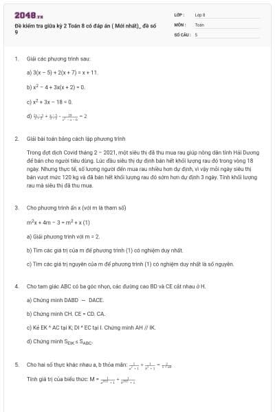 Đề kiểm tra giữa kỳ 2 Toán 8 có đáp án ( Mới nhất)_ đề số 9