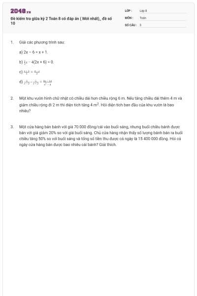 Đề kiểm tra giữa kỳ 2 Toán 8 có đáp án ( Mới nhất)_ đề số 10