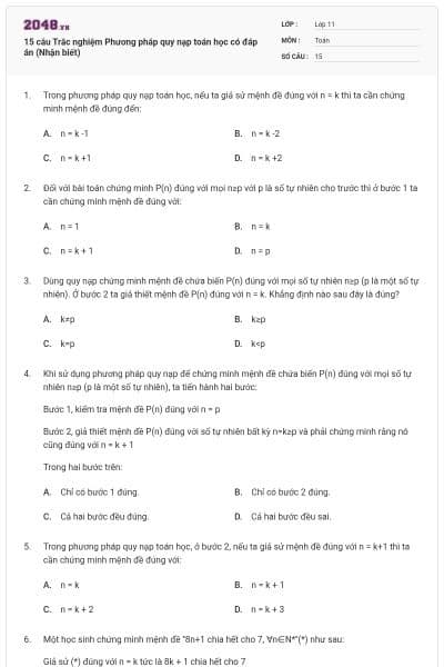 15 câu Trắc nghiệm Phương pháp quy nạp toán học có đáp án (Nhận biết)