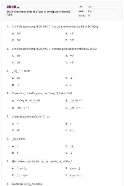 Bộ 24 Đề kiểm tra Giữa kì 2 Toán 11 có đáp án (Mới nhất) (Đề 8)