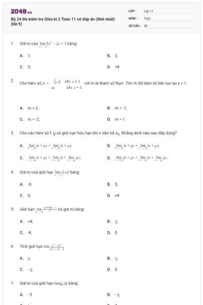 Bộ 24 Đề kiểm tra Giữa kì 2 Toán 11 có đáp án (Mới nhất) (Đề 9)