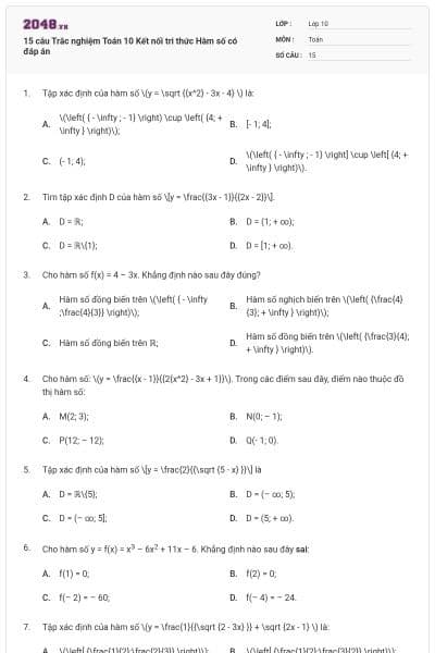 15 câu  Trắc nghiệm Toán 10 Kết nối tri thức Hàm số có đáp án