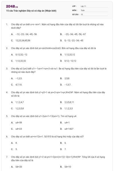15 câu  Trắc nghiệm Dãy số có đáp án (Nhận biết)