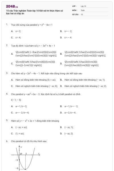 15 câu  Trắc nghiệm Toán lớp 10 Kết nối tri thức Hàm số bậc hai có đáp án