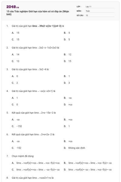 15 câu Trắc nghiệm Giới hạn của hàm số có đáp án (Nhận biết)