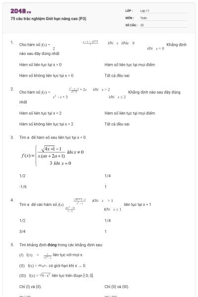 75 câu trắc nghiệm Giới hạn nâng cao (P3)