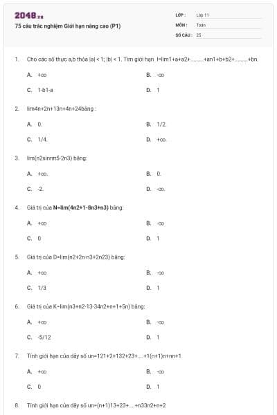 75 câu trắc nghiệm Giới hạn nâng cao (P1)