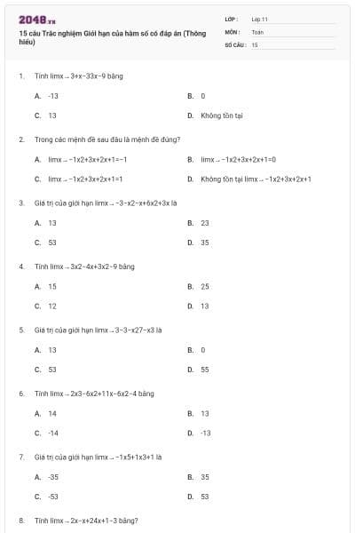 15 câu Trắc nghiệm Giới hạn của hàm số có đáp án (Thông hiểu)