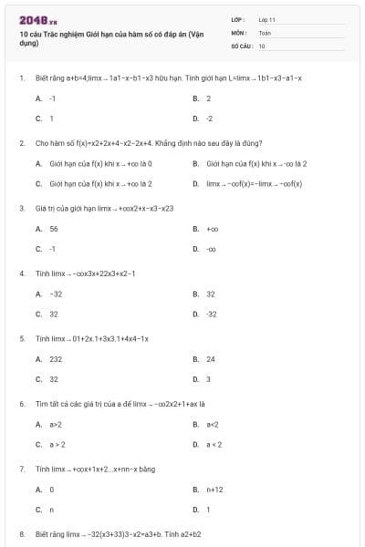 10  câu Trắc nghiệm Giới hạn của hàm số có đáp án (Vận dụng)