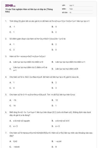 15 câu Trắc nghiệm Hàm số liên tục có đáp án (Thông hiểu)