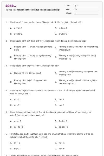10 câu Trắc nghiệm Hàm số liên tục có đáp án (Vận dụng)