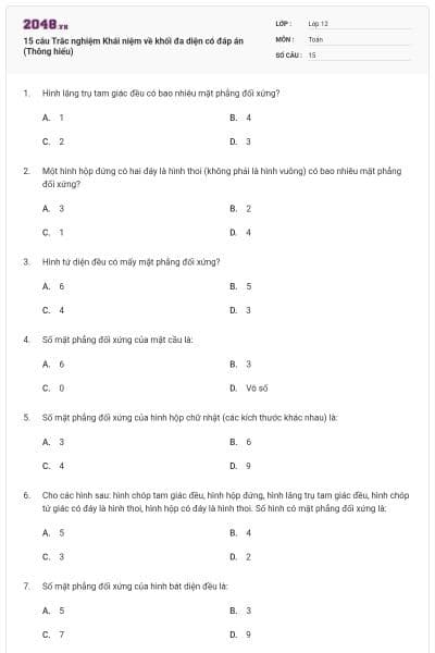 15 câu Trắc nghiệm Khái niệm về khối đa diện có đáp án (Thông hiểu)