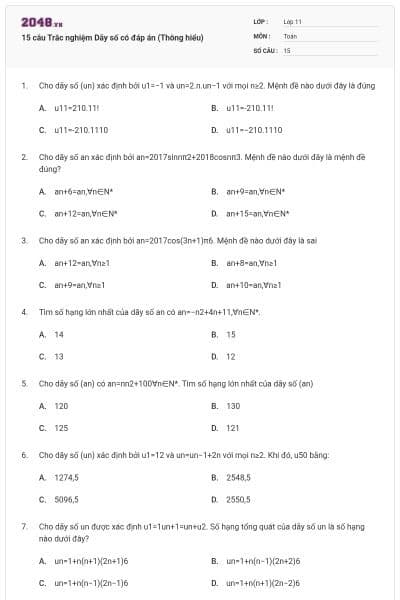 15 câu  Trắc nghiệm Dãy số có đáp án (Thông hiểu)