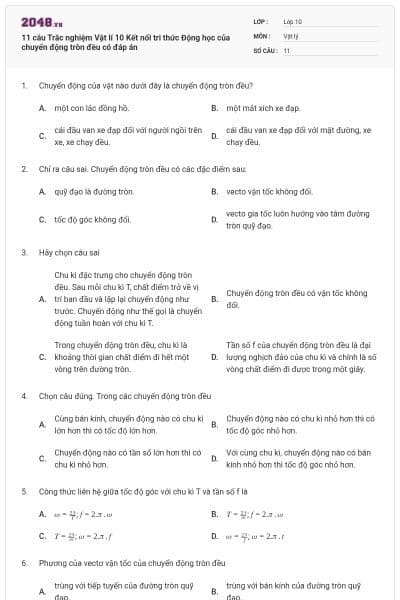 11 câu Trắc nghiệm Vật lí 10 Kết nối tri thức Động học của chuyển động tròn đều có đáp án