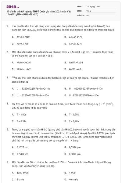 10 đề thi thử tốt nghiệp THPT Quốc gia năm 2021 môn Vật Lí có lời giải chi tiết (đề số 1)