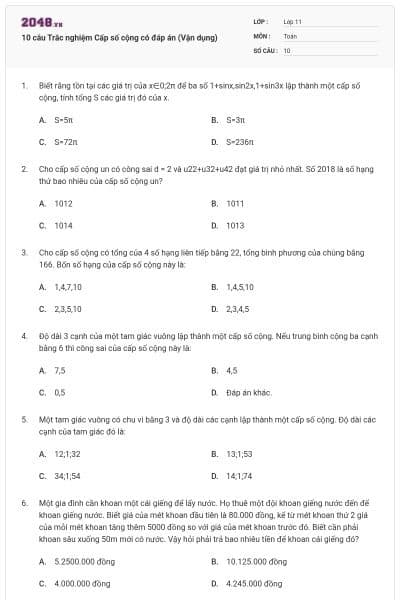 10 câu Trắc nghiệm Cấp số cộng có đáp án (Vận dụng)