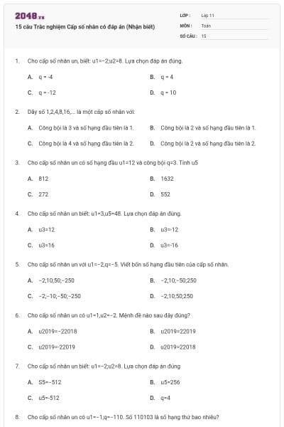 15 câu Trắc nghiệm Cấp số nhân có đáp án (Nhận biết)