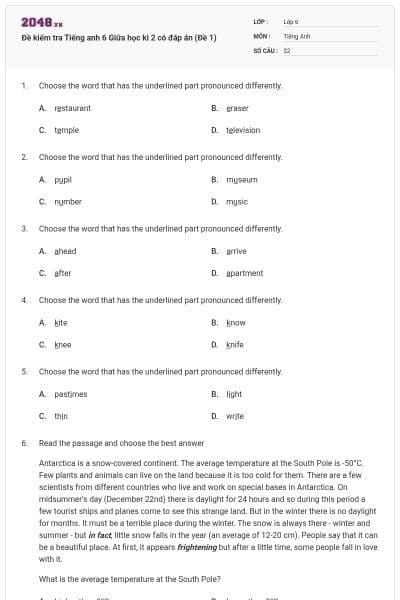 Đề kiểm tra Tiếng anh 6 Giữa học kì 2 có đáp án (Đề 1)