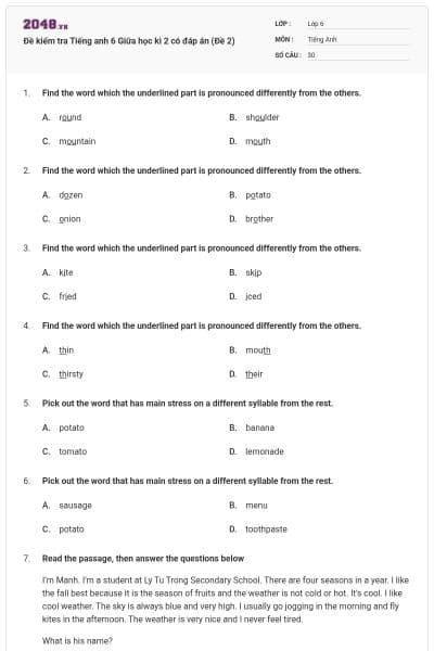 Đề kiểm tra Tiếng anh 6 Giữa học kì 2 có đáp án (Đề 2)