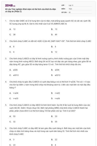 60 câu Trắc nghiệm Khái niệm về thể tích của khối đa diện có đáp án (Phần 2)