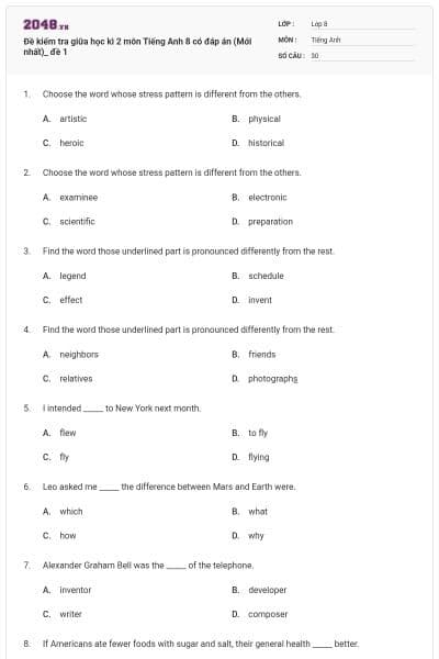 Đề kiểm tra giữa học kì 2 môn Tiếng Anh 8 có đáp án (Mới nhất)_ đề 1