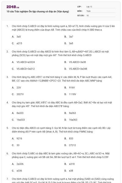 10 câu  Trắc nghiệm Ôn tập chương có đáp án (Vận dụng)