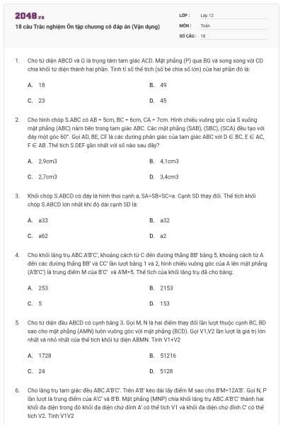 18 câu  Trắc nghiệm Ôn tập chương có đáp án (Vận dụng)