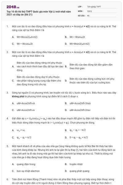 Top 10 đề thi thử THPT Quốc gia môn Vật Lí mới nhất năm 2021 có đáp án (Đề 21)
