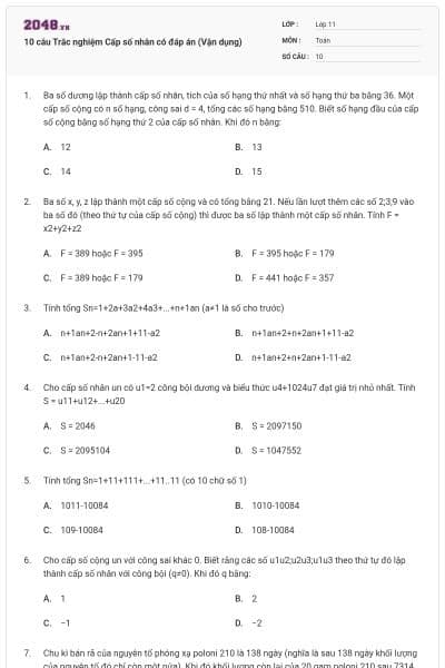 10 câu Trắc nghiệm Cấp số nhân có đáp án (Vận dụng)