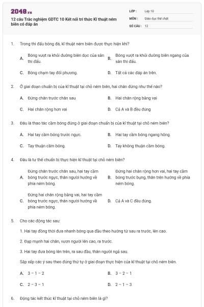 12 câu Trắc nghiệm GDTC 10 Kết nối tri thức Kĩ thuật ném biên có đáp án