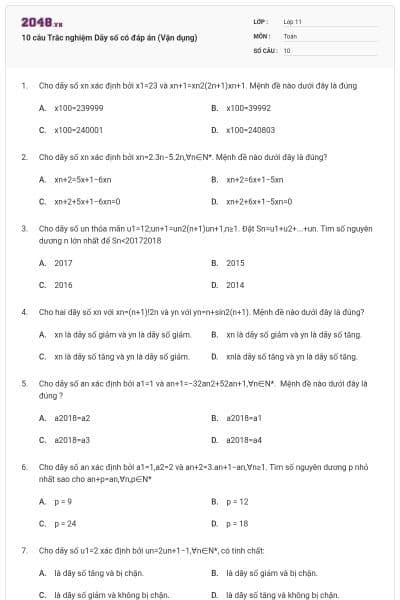 10 câu Trắc nghiệm Dãy số có đáp án (Vận dụng)