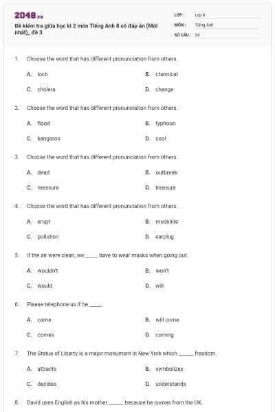 Đề kiểm tra giữa học kì 2 môn Tiếng Anh 8 có đáp án (Mới nhất)_ đề 3