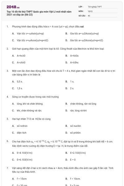 Top 10 đề thi thử THPT Quốc gia môn Vật Lí mới nhất năm 2021 có đáp án (Đề 22)