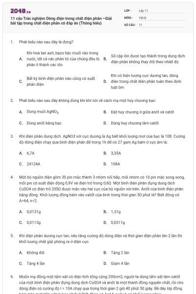 11 câu Trắc nghiệm Dòng điện trong chất điện phân –Giải bài tập trong chất điện phân có đáp án (Thông hiểu)