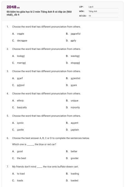 Đề kiểm tra giữa học kì 2 môn Tiếng Anh 8 có đáp án (Mới nhất)_ đề 4