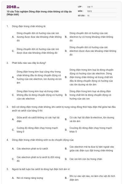 10 câu Trắc nghiệm Dòng điện trong chân không có đáp án (Nhận biết)