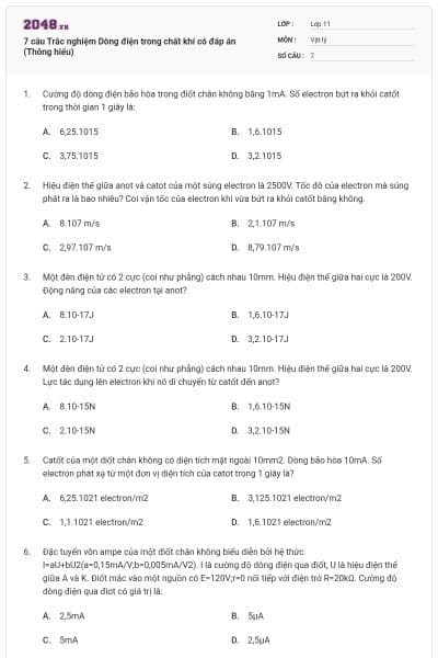 7 câu Trắc nghiệm Dòng điện trong chất khí có đáp án (Thông hiểu)