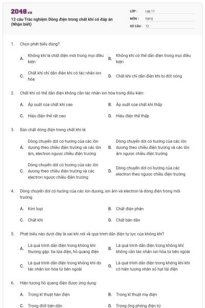 12 câu Trắc nghiệm Dòng điện trong chất khí có đáp án (Nhận biết)