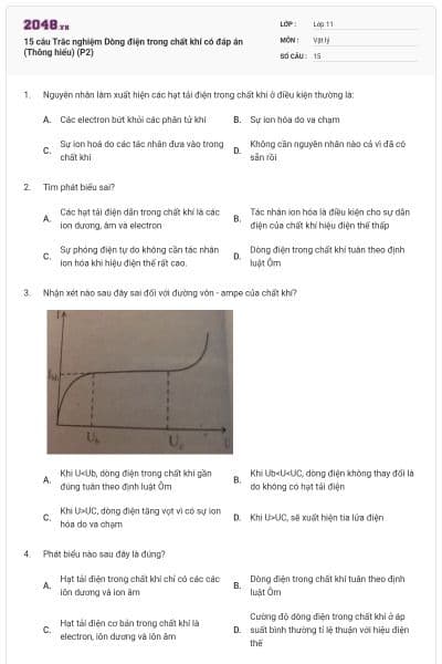 15 câu Trắc nghiệm Dòng điện trong chất khí có đáp án (Thông hiểu) (P2)