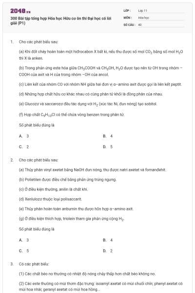 300 Bài tập tổng hợp Hóa học Hữu cơ ôn thi Đại học có lời giải (P1)