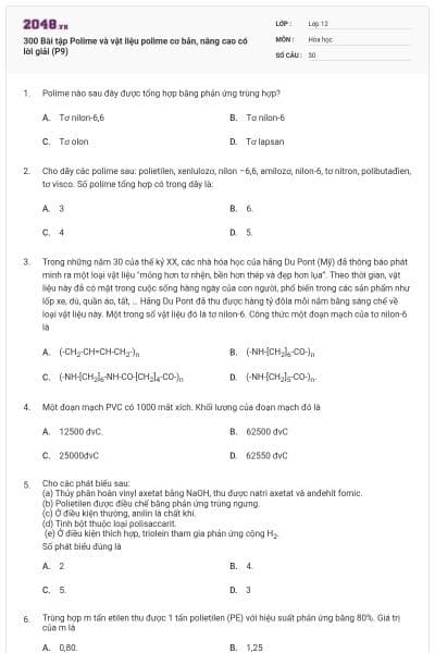 300 Bài tập Polime và vật liệu polime cơ bản, nâng cao có lời giải (P9)