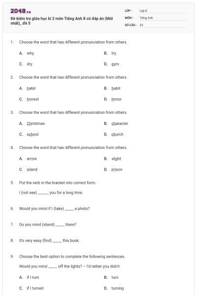 Đề kiểm tra giữa học kì 2 môn Tiếng Anh 8 có đáp án (Mới nhất)_ đề 5
