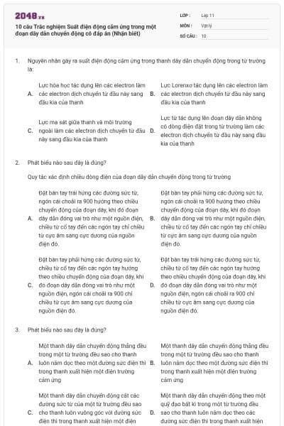 10 câu Trắc nghiệm Suất điện động cảm ứng trong một đoạn dây dẫn chuyển động có đáp án (Nhận biết)